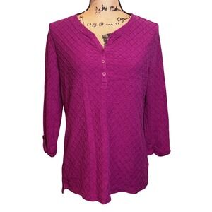 Kim Rogers Womens Textured Henley 3/4 Roll Tab Sleeve Casual Blouse Purple Large